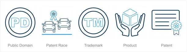 Vector illustration of A set of 5 Intellectual Property icons as public domain, patent race, trademark