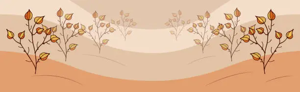 Vector illustration of Horizontal Border Dry Herbs. Vector banner with Physalis chine lantern plant fruit in beige.