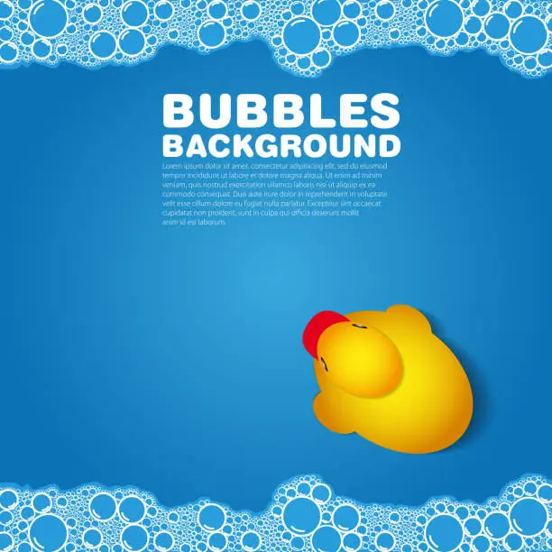 Vector illustration of A blue background with bubbles and a rubber duck 