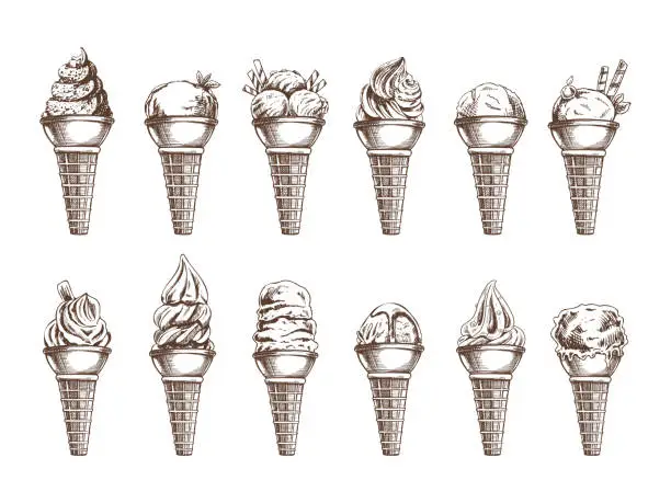 Vector illustration of Hand-drawn sketch set of ice cream with different flavors in waffle cones. Element for the design of labels, packaging and postcards.