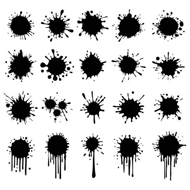 Vector illustration of Black ink blots with drops set. Different handdrawn spray design elements. Paint ink splatter, stains set. Splash of paints with drops. Vector illustration