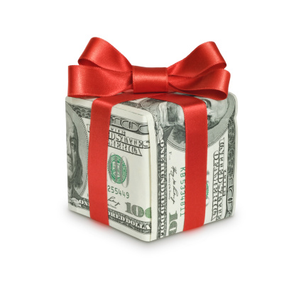 Money gift box with red ribbon, one hundred dollar bill, isolated on a white background