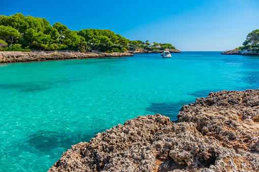 Turquoise waters at Cala Esmerelda, Cala d'Or, Majorca Balearic Island