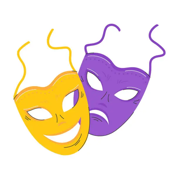 Vector illustration of Comic and tragic mask icon. Masquerade, Theatrical masks. An element of a carnival costume. The symbol of Mardi Gras, the Brazilian carnival. Flat Vector illustration isolated on a white background.