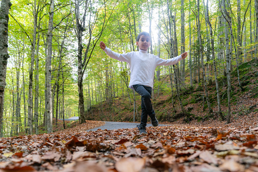 Portrait of boy in Bolu Yedigöller National Park.Behind him, a winding road through the forest can be seen. The child smiles looking at the camera.  During the autumn season, he can stay in touch with nature among the deciduous trees. Taken in daylight with a full frame camera.