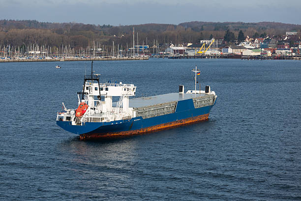 Aerial view of freighter in harbor Kiel, Germany