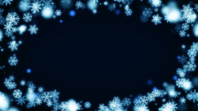 Snowed border frame. Christmas holiday snow, clear frost blizzard snowflakes and silver snowflake. White sequins flake falling on new year holiday party 4k animation. New year glitter background