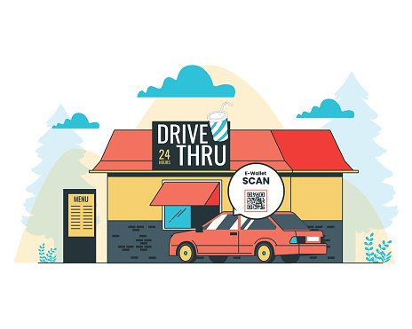 Vector illustration of a flat design of a fast food restaurant drive through with a car for contactless payment concept