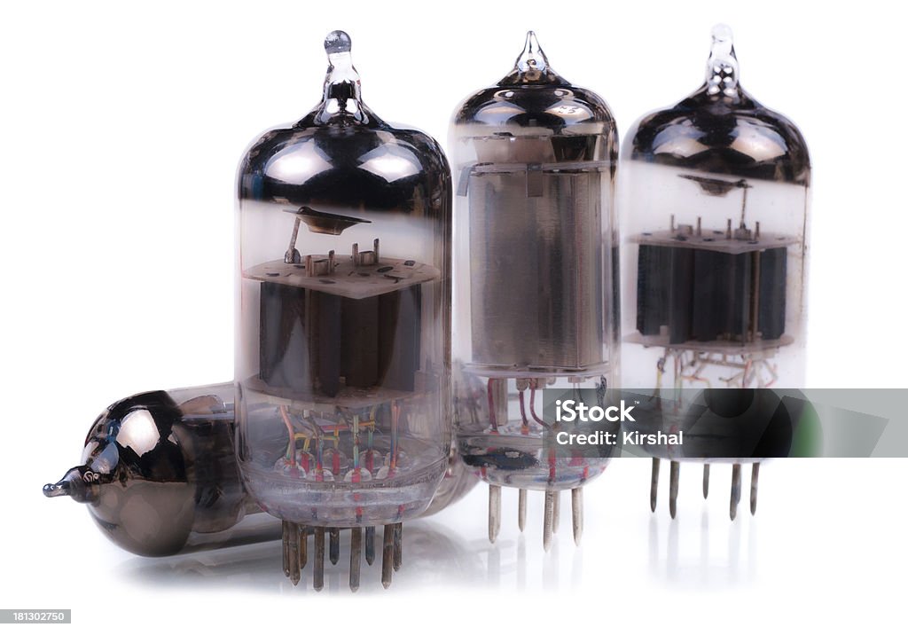 Vacuum radio lamps Vacuum radio  tubes. Close-up. Isolated on white background. Airtight Stock Photo