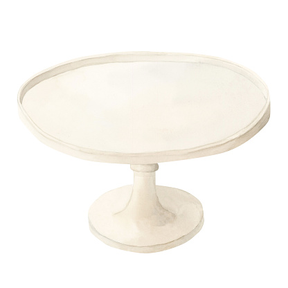White cake stand with foot. Watercolor illustration isolated on white background for bakery and confectionery design.