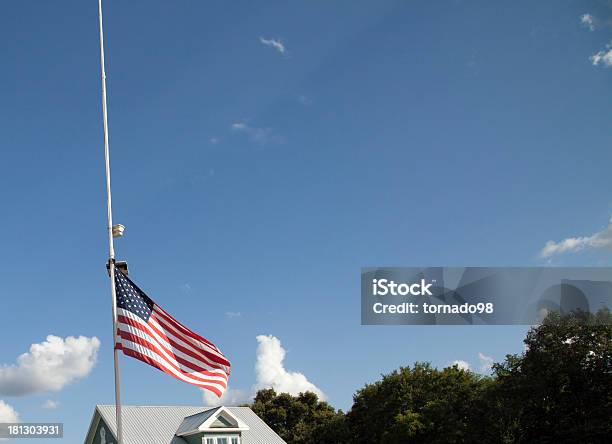 American Flag At Half Mast Stock Photo - Download Image Now - American Culture, American Flag, Blue