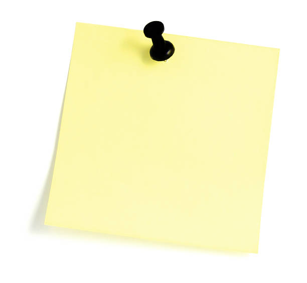 Blank Yellow Sticky Note Black Pushpin Post-It Isolated Sticker closeup stock photo
