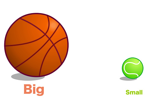 Big small, opposites. Tennis, basketball ball. English words lesson, School worksheet kids adjectives. Team and individual sports. Language education. Illustration vector