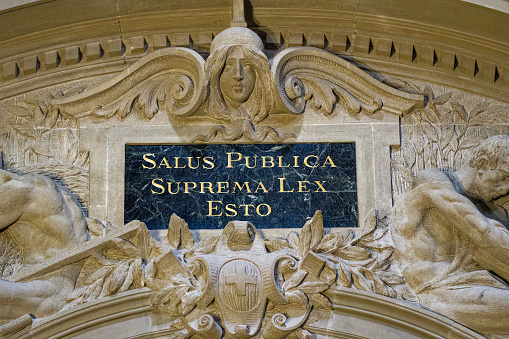 Close-up of lettering at the Swiss Federal Palace at City of Bern on a summer day. Photo taken July 1st, 2023, Bern, Switzerland.