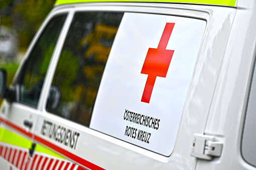 A Red Cross rescue vehicle from the side in Lower Austria
