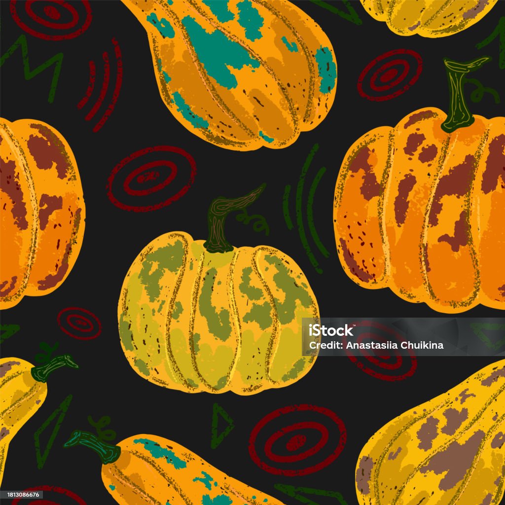 Pumpkin Texture Loop Ripe Pumpkins With Fun Elements Texture Pencil Pastel Gouache Vector ...