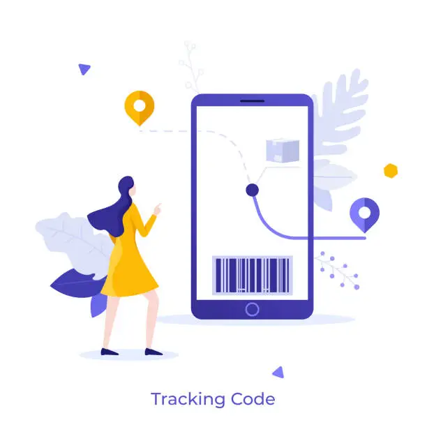 Vector illustration of Woman looking at parcel journey on smartphone screen. Concept of digital code to track shipments or check order status, waiting for package delivery. Modern flat vector illustration for banner, poster.