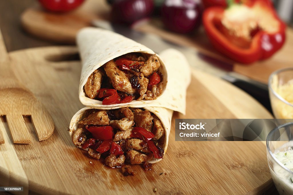 Making Tortilla with chicken and bell pepper. Series. Bell Pepper Stock Photo