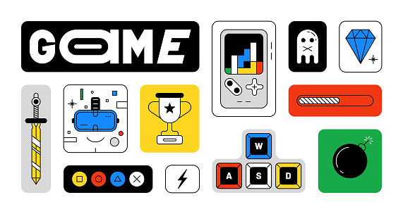 Colorful game concept vector illustration icons. W, A, S, D, keyboard keys, sword, game controller, golden cup, win, monster, diamond, bomb, monster, game typography, lightning, virtual reality.