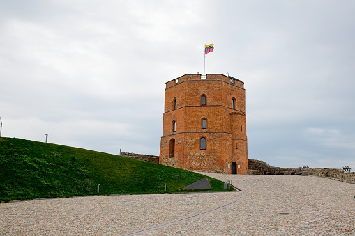 Vilnius, Lithuania - October 3, 2023: The famous Gediminas Tower or Castle on the hill in the middle of the Vilnius, Capital of Lithuania.