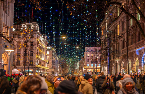 Zurich, Switzerland - November 23, 2023: Christmas lights were switched on in Zurich on November 23, 2023 at 6 p.m.