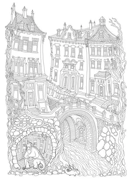 Vector illustration of Fairy tale Dragon grandmother knits a sweater in the old medieval town cave, safe underground shelter. Adults coloring book page