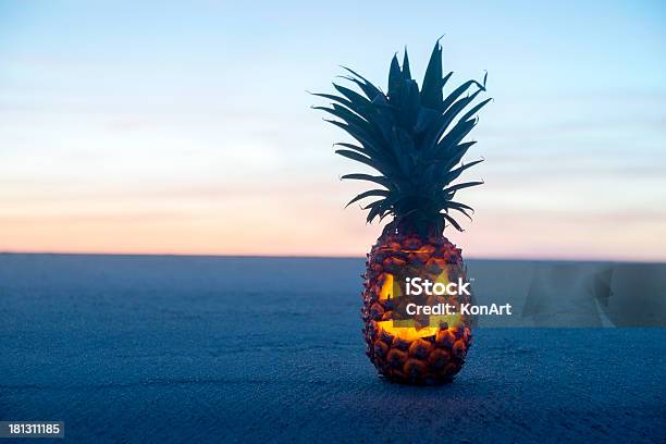 Halloween On Beach Pinapple Jack O Lantern Stock Photo - Download Image Now - Beach, Halloween, Pineapple