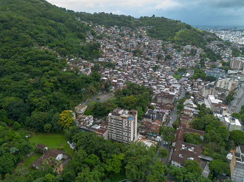 Aerial high quality image of a comunity in Tijuca, Rio da Janeiro (Brazil). Taken during the morning.