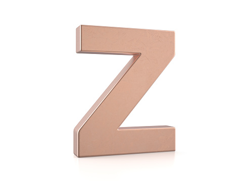 Cooper letter Z on a white background. 3d illustration.