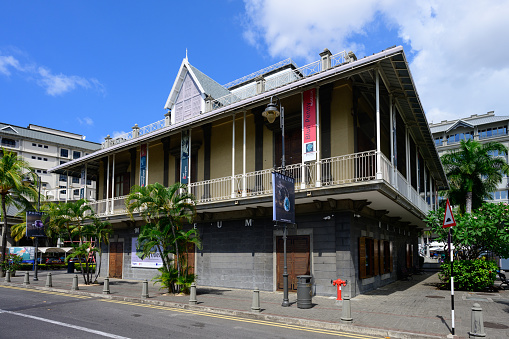 Port Louis, Mauritius - October 25 2023: Blue Penny Museum Exterior, the Home of the Red and Blue Mauritius Stamps.