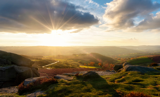 Usual rural England landscape in Yorkshire. Amazing view in the national park Peak District on at sunset in Autumn