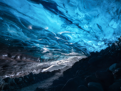 The Crystal Ice Cave in Iceland. Vatnajokull National Park. Inside view of the ice. Winter landscapes in Iceland. Natural background. North country.