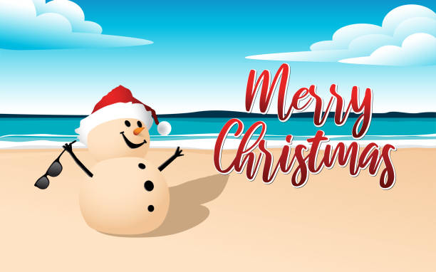 ilustrações, clipart, desenhos animados e ícones de cartão de saudação sandy snowman - beach sunlight surfboard santa claus