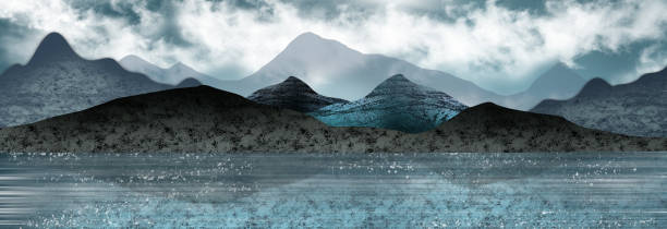 istock 3d blue night landscape modern art mural wallpaper. Forest, dark blue background and white clouds  with colorful mountains. Chinese artwork for wall decoration 1813178000