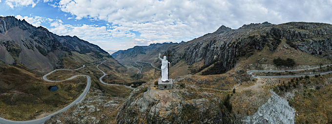 Aerial view of the White Christ in Chavin, Ancash. Peru. 360 view