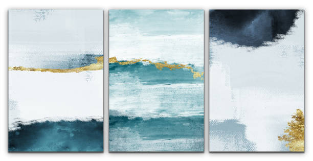 istock Abstract modern paint wallpaper. 3d illustration minimalist boho wall poster art. Blue, gray, golden and white canvas artwork 1813179341