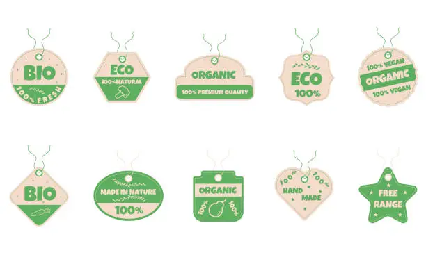 Vector illustration of Organic natural bio labels, icon set, healthy food icons, fresh eco vegetarian food