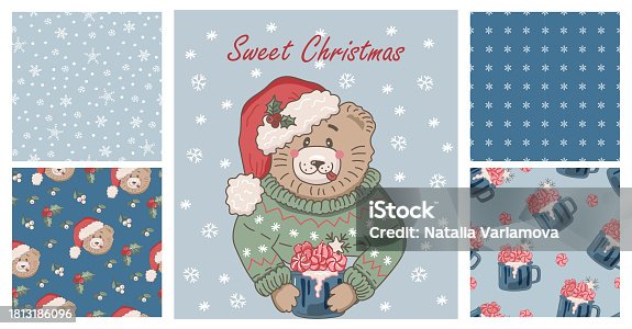 istock Bear in Santa hat with winter hot drink with marshmallow. Christmas and New Year seamless patterns with bear in Santa hat, mug with hot drink and snowflakes. Vector illustrations set. 1813186096