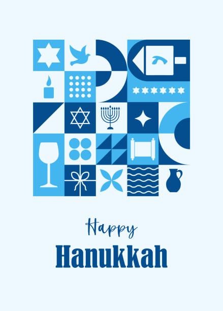 Happy Hanukkah poster. Modern neo geometric abstract background. Postcard, invitation, header for website. Composition of simple traditional icons in bauhaus minimalist style. Vector illustration Happy Hanukkah poster. Modern neo geometric abstract background. Postcard, invitation, header for website. Composition of simple traditional icons in bauhaus minimalist style. Vector illustration. hannukkah stock illustrations