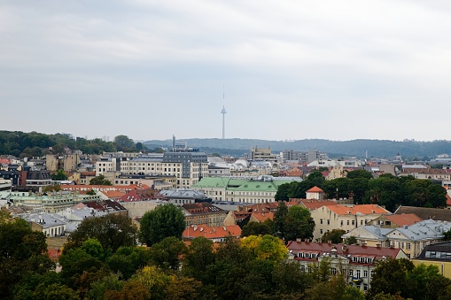 Vilnius, Lithuania - October 3, 2023: Panorama view of the capital city of Lithuania. TV tower in the background.