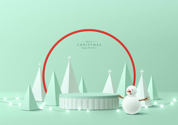 istock 3D christmas podium background. Green cylinder podium with red frame, White snowman and christmas tree scene. Platform mockup product display presentation. Abstract composition minimal. Stage showcase 1813190130