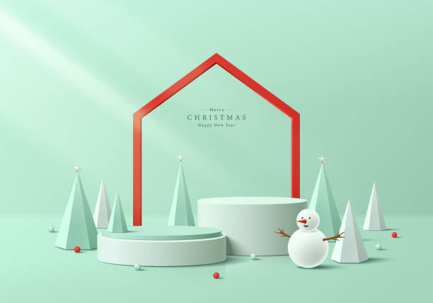 istock 3D christmas podium background. Green cylinder podium with red frame, White snowman and christmas tree scene. Platform mockup product display presentation. Abstract composition minimal. Stage showcase 1813190133