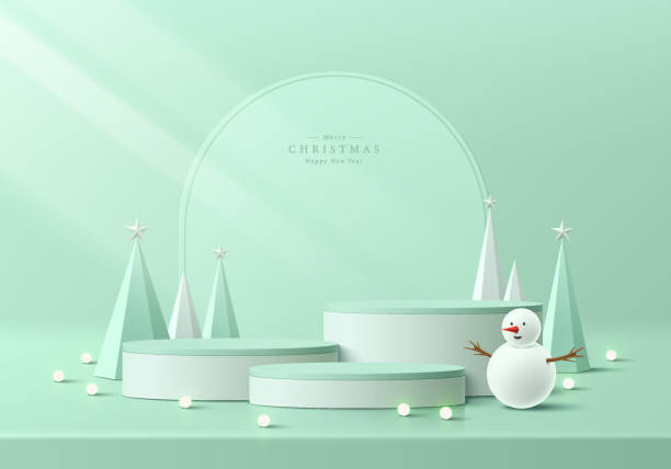 istock Abstract 3D christmas background with realistic green cylinder podium pedestal, Snowman and christmas tree. New year minimal wall scene mockup product display. Vector geometric forms. Stage showcase. 1813198907
