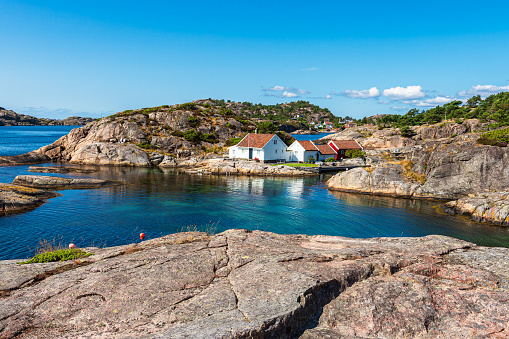 View from the archipelago island of Kapelloya to the island of Monsoya in Norway.