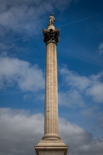 The iconic Nelson’s Column on Trafalgar Square, London, daytime view with people