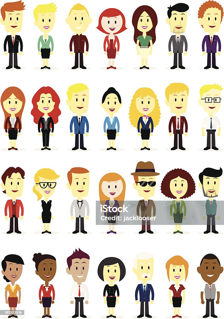 Cute Cartoon Business Man & Woman Characters Cute cartoon business man & woman characters wearing various colorful suits Adult stock vector
