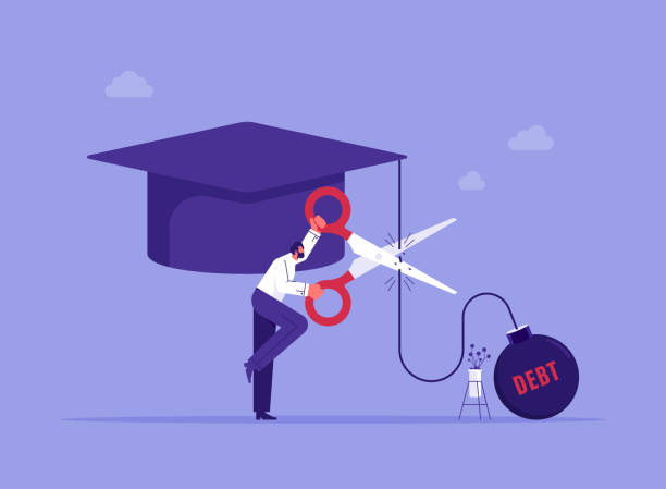 Cut education expense or reduce fee concept Student loan debt, cut education expense or reduce fee concept, young businessman cut chain to relief from student loan debt burden metal ball pics for graduation free stock illustrations