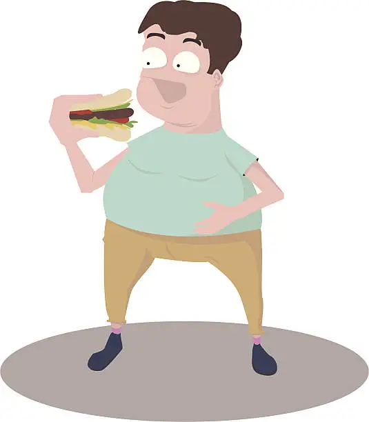 Vector illustration of Fat man eats burger