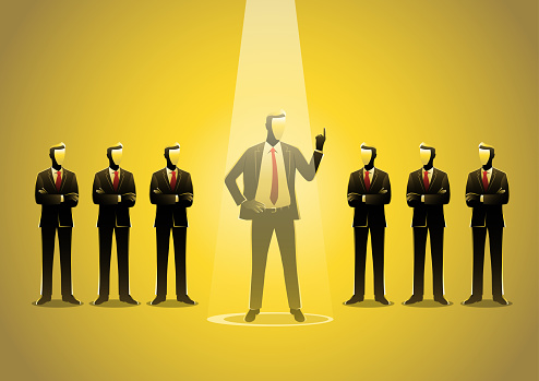 illustration of a Businessman being spotlighted among other businessmen. Stand out from the crowd, promotion, candidate, chosen, career, business concept