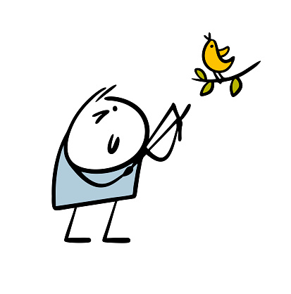 Cartoon bully aimed a slingshot at a live bird on a tree branch. Vector illustration of cruelty to animals and nature. Isolated character on white background.